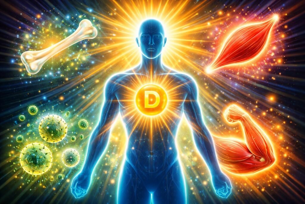Egy színes diagram a D-vitamin hatásairól az emberi szervezetben, kiemelve az immunrendszer, csontok és az általános jó közérzet támogatását.