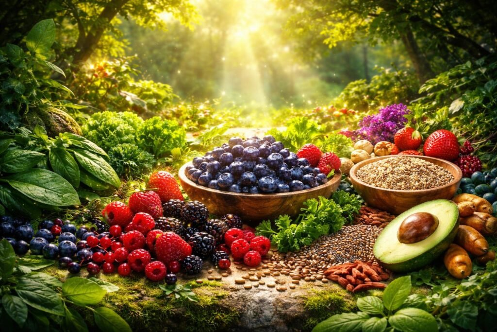 Színes szuperélelmiszerek, például goji bogyók, chia mag, és kurkuma egy asztalon.