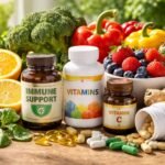 Az immunerősítő vitaminokat tartalmazó étrend-kiegészítők formában, különböző típusú tabletták és kapszulák képe.