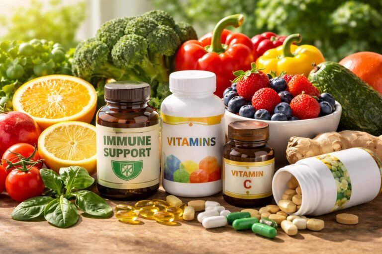 Az immunerősítő vitaminokat tartalmazó étrend-kiegészítők formában, különböző típusú tabletták és kapszulák képe.