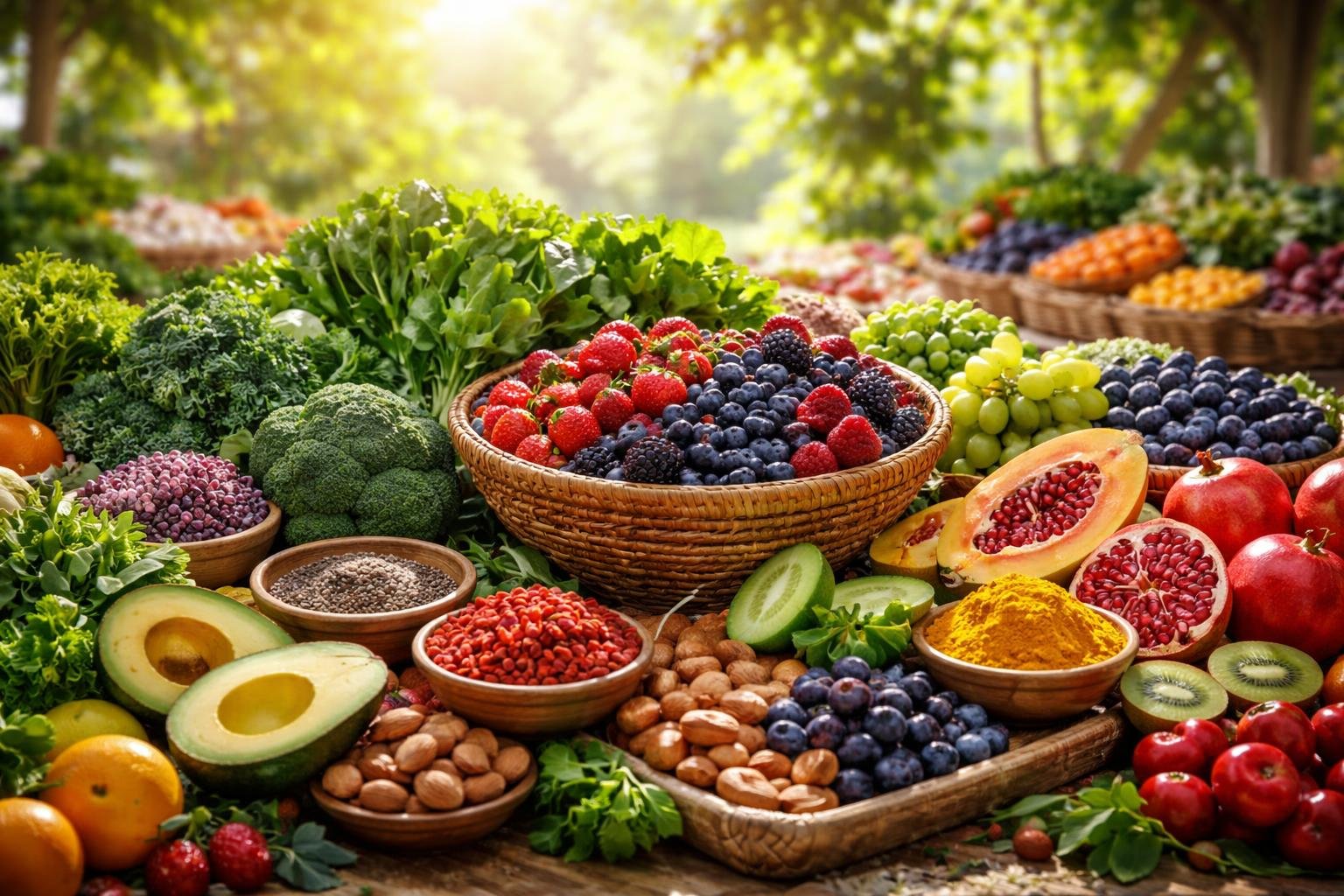 Természetes szuperélelmiszerek friss zöldségekkel és gyümölcsökkel, magas vitamintartalommal.