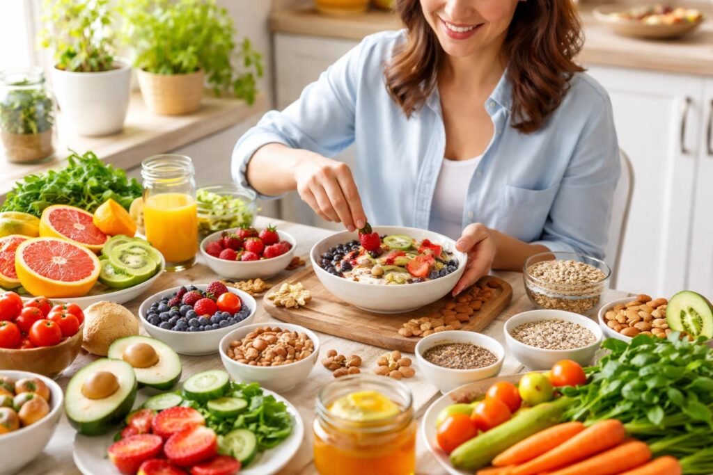 Egészséges ételek, mint gyümölcsök, zöldségek és magvak a vitaminforrások között.