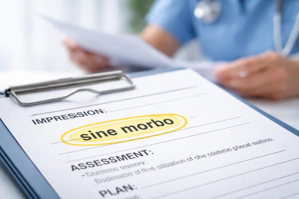 "Laboratóriumi lelet, amelyen szerepel a 'sine morbo' kifejezés, orvosi kontextusban."