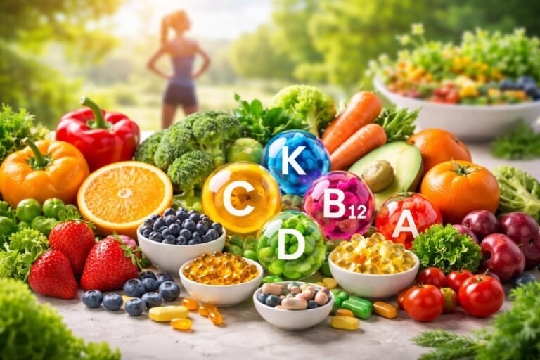 Színes vitamin tabletták és friss zöldség, a kiegyensúlyozott táplálkozás jegyében