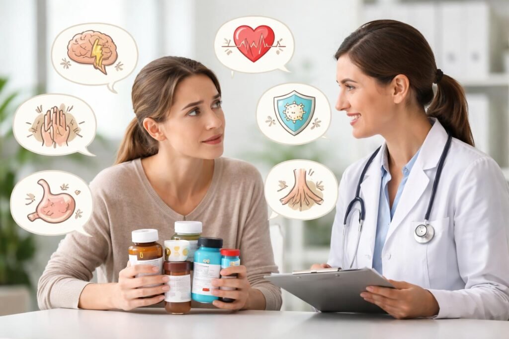 Egy személy vitaminokat és ásványi anyagokat tartalmazó üveg mellett, gondolkozik.