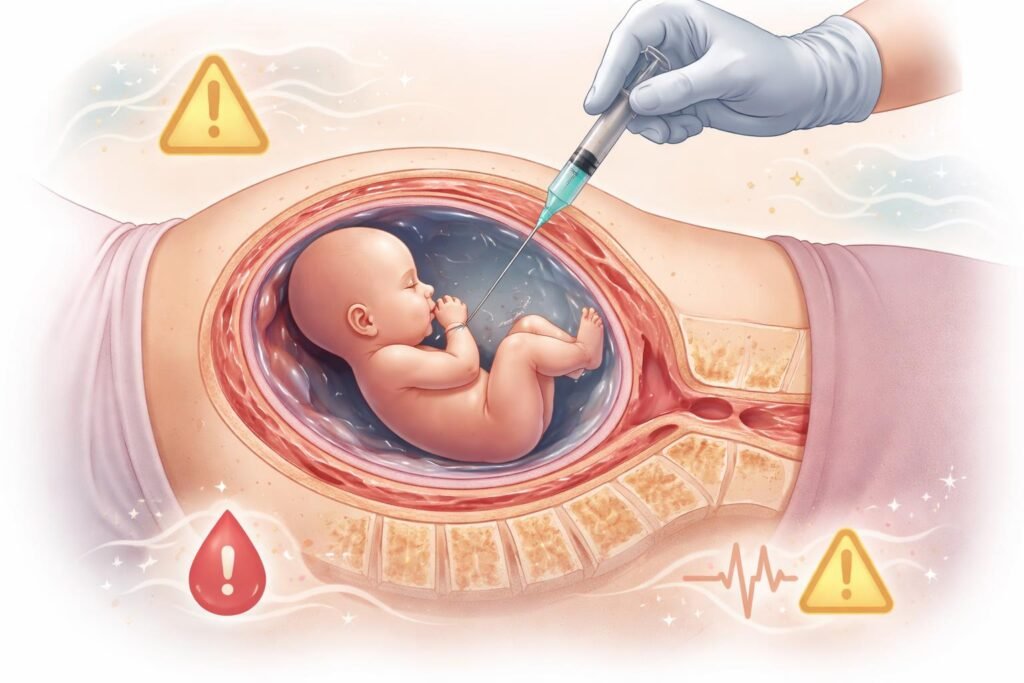 A kismama egy orvosi szűrőeljáráson vesz részt, amniocentézis végzése közben.