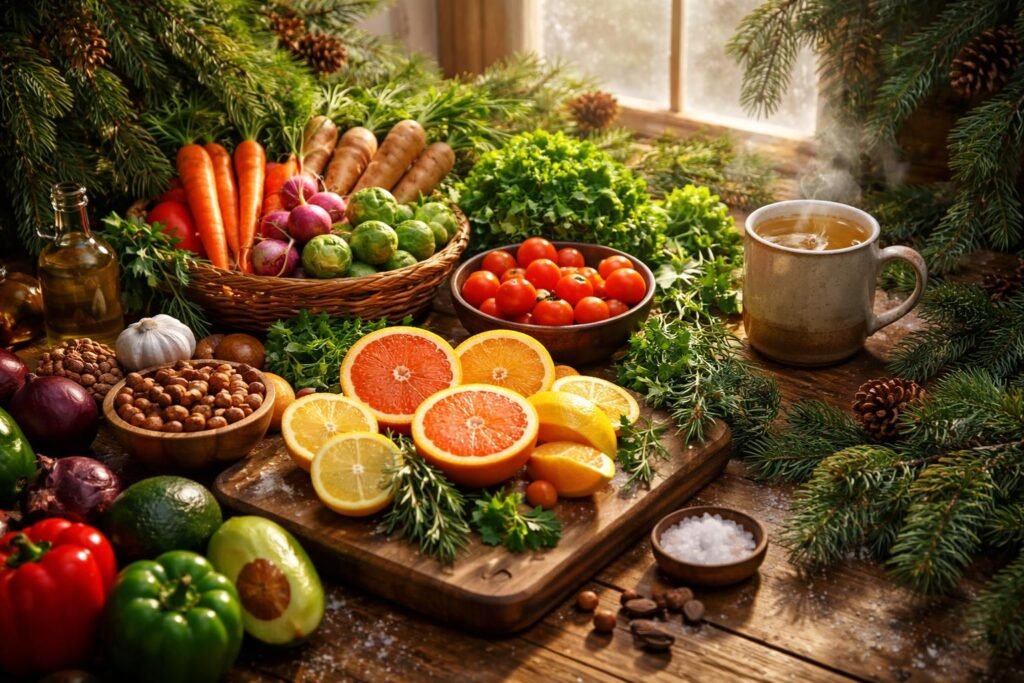 Színes téli étel, tele friss zöldségekkel és gyümölcsökkel, vitaminokban gazdag