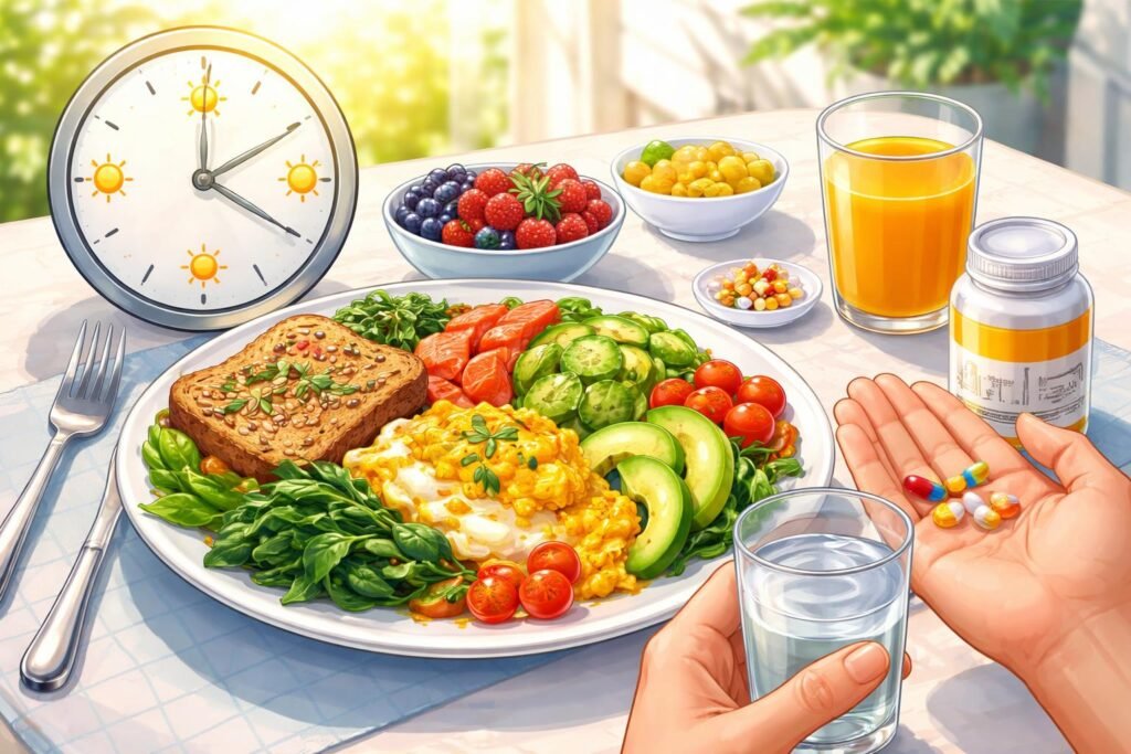 Zsírban oldódó vitaminok bevétele étkezés közben vagy után, megfelelő időzítés.