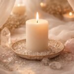 Fehér gyertya tisztaságot és spirituális energiát szimbolizál, életre keltő fényt árasztva.