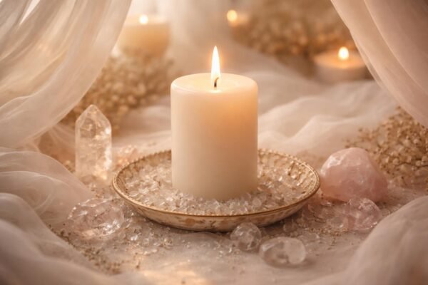 Fehér gyertya tisztaságot és spirituális energiát szimbolizál, életre keltő fényt árasztva.