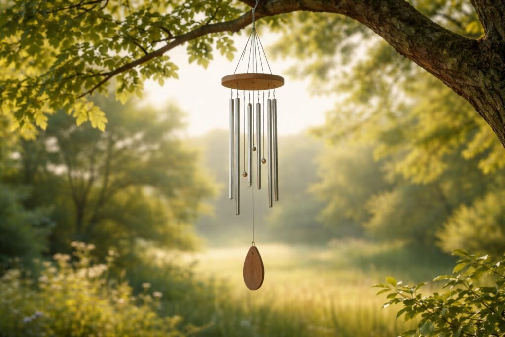 Szélcsengő finom csilingelő hangja, otthoni nyugalom és harmónia szimbóluma.