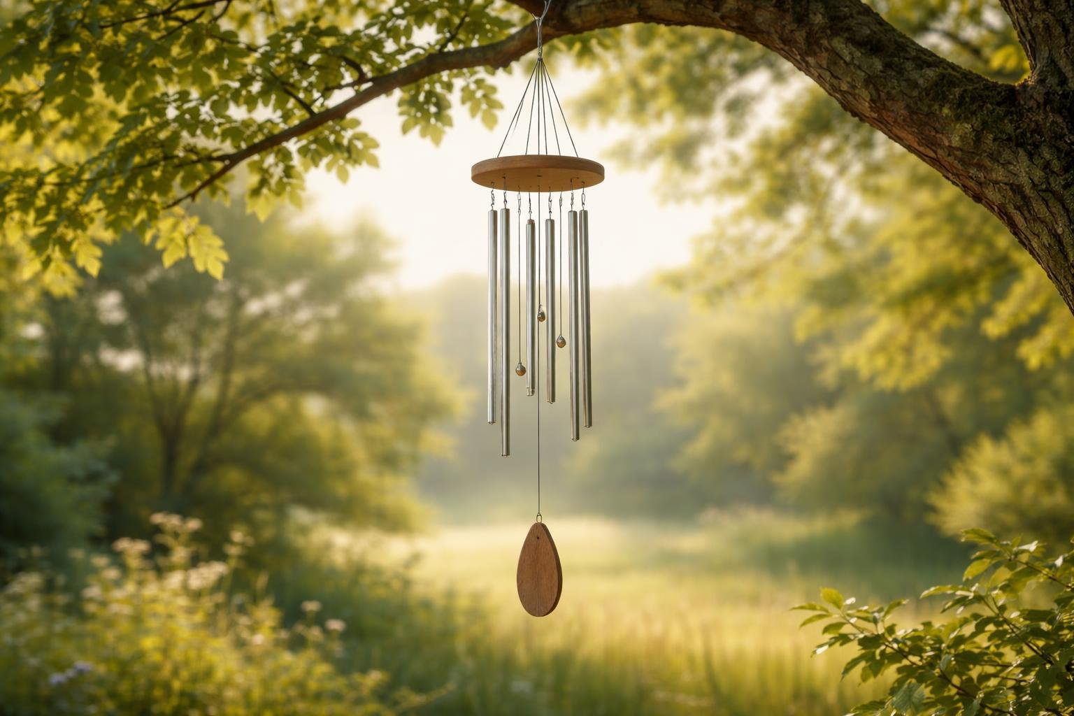 Szélcsengő finom csilingelő hangja, otthoni nyugalom és harmónia szimbóluma.