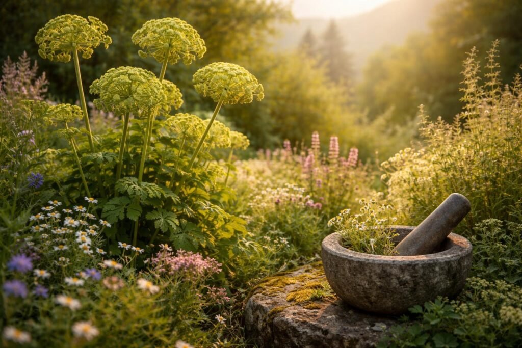 Az angyalgyökér növény, aromás illattal és hagyományos gyógyhatásokkal.