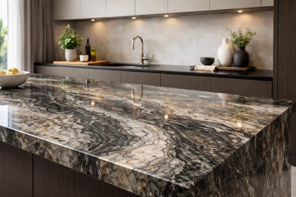 Elegáns modern lakásokban megjelenő, természetes gránitkő felületek és részletek