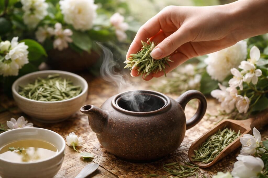 Finom fehér tea csészében, egészségügyi előnyökkel és készületi tippekkel.