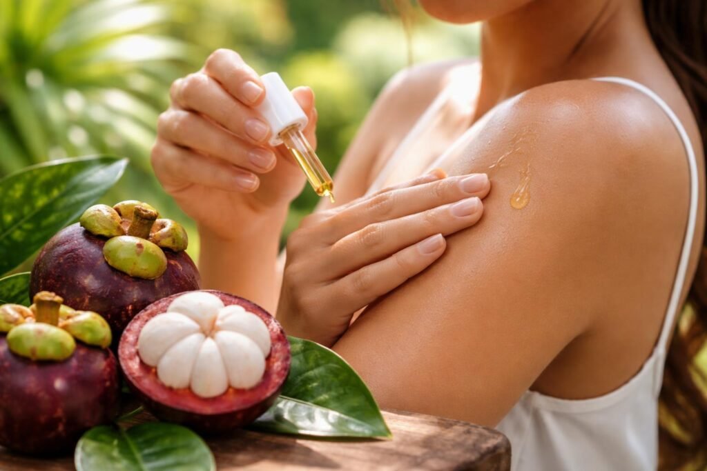 Mangosztán gyümölcs külsőleges bőrápolási alkalmazásai, egészségügyi és szépségelőnyök szemléltetése.