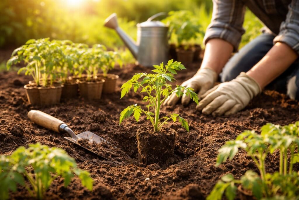 Paradicsom palánták kiültetésének idejét figyelő kertész, óvatosan a fagy veszélyével.