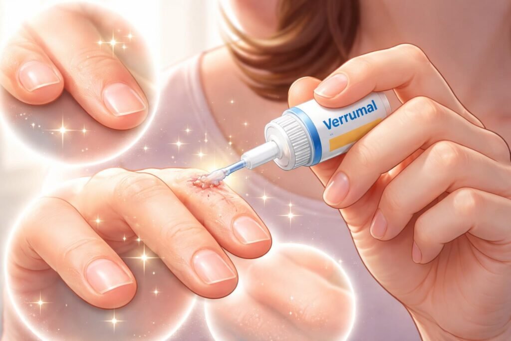 Bőrgyógyászati kezelés Verrumal krémmel, gyógyulási folyamat, bőr javulása szemléltetésével