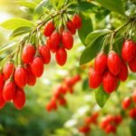 Fekete ördögcérna (goji bogyó) a friss növény és a szárított bogyók formájában, hangsúlyozva az immunerősítő és látásvédő hatásokat.