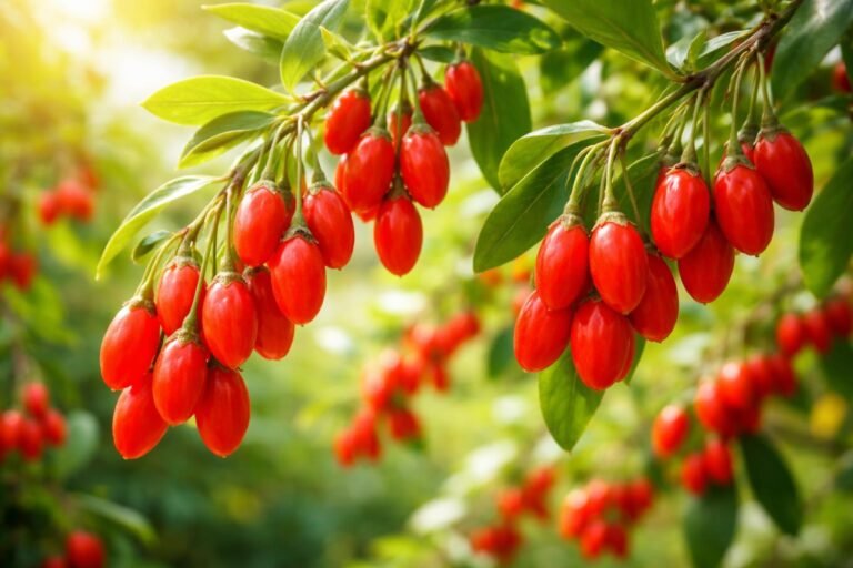 Fekete ördögcérna (goji bogyó) a friss növény és a szárított bogyók formájában, hangsúlyozva az immunerősítő és látásvédő hatásokat.