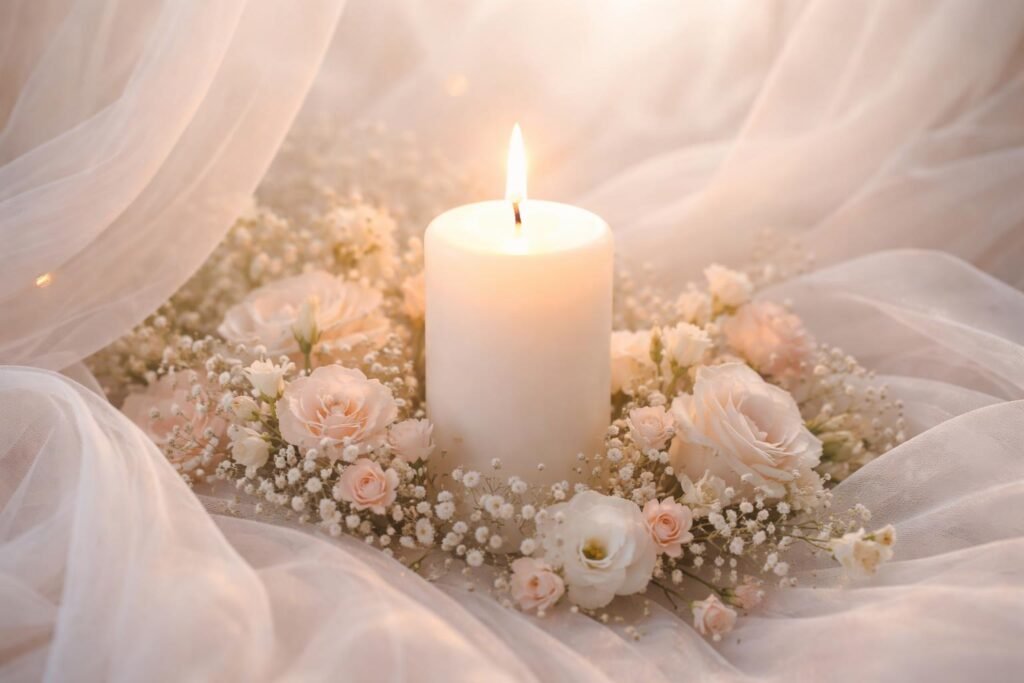 Fehér gyertya nyugalmat és reményt sugárzó szimbóluma a spirituális harmóniának.