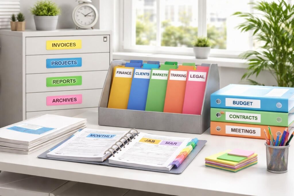 Hatékony rendszerezés etikett címkékkel az irodai papírok között, könnyű hozzáférés