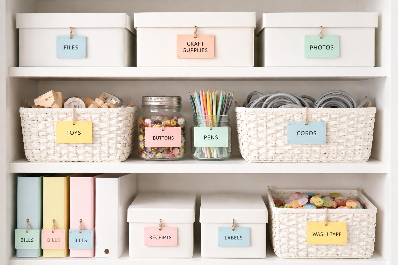 Színes etikett címkék rendszerezik a háztartási tárgyakat és irodát.